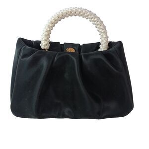 Black Pleated Mini Handbag Pearl Beaded Handle Formal Evening Clutch